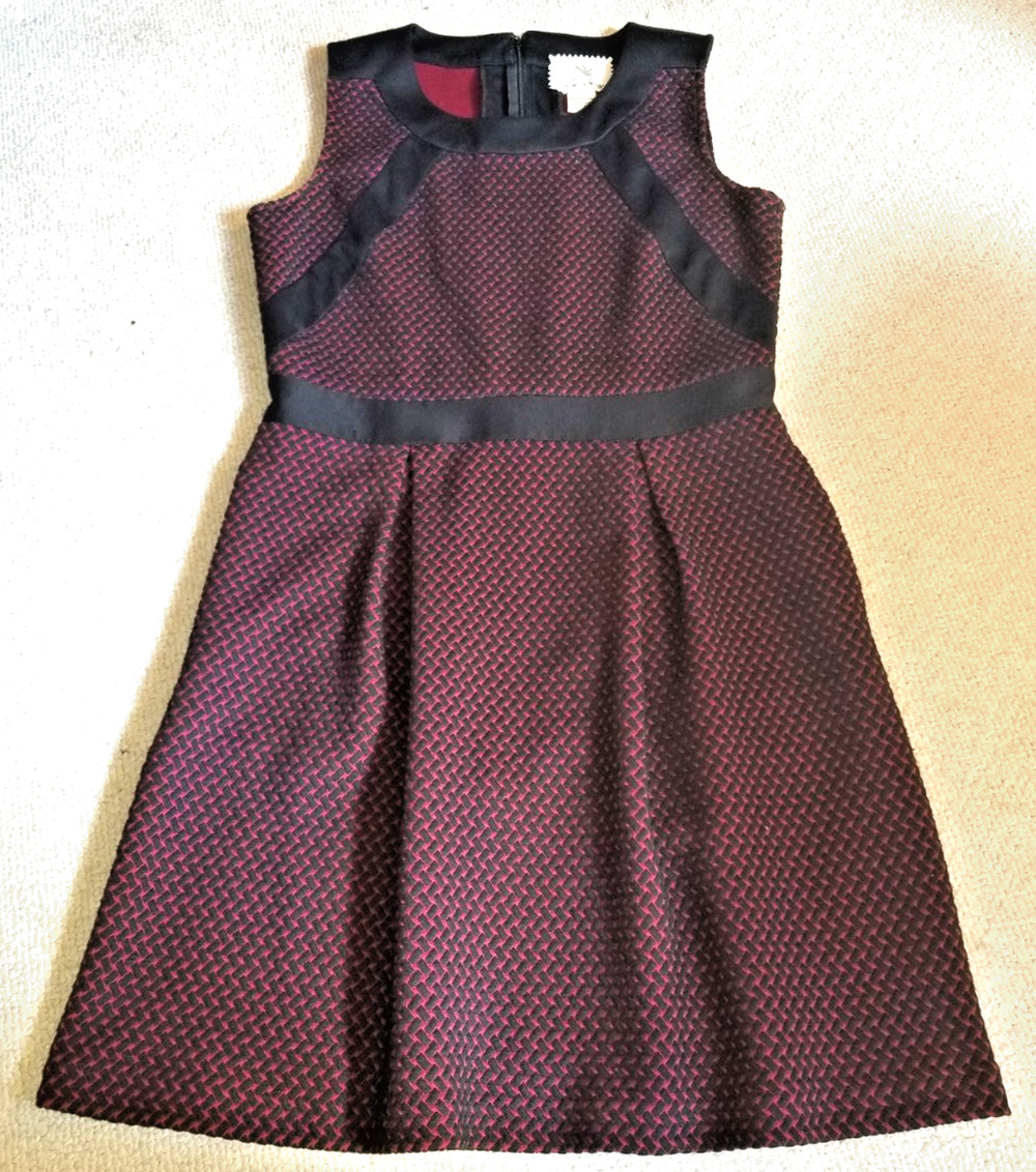 Womens Dress-TABITHA-ANTHROPOLOGIE-maroon/black textured rayon fit & flare-12